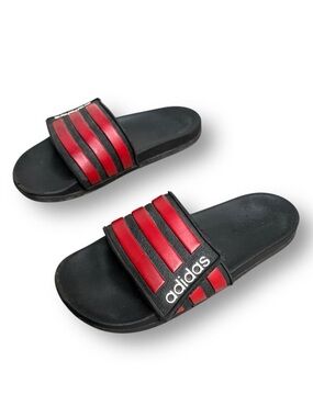 Adidas Slides Black Red Contoured Slip on Sandals Men’s size 9